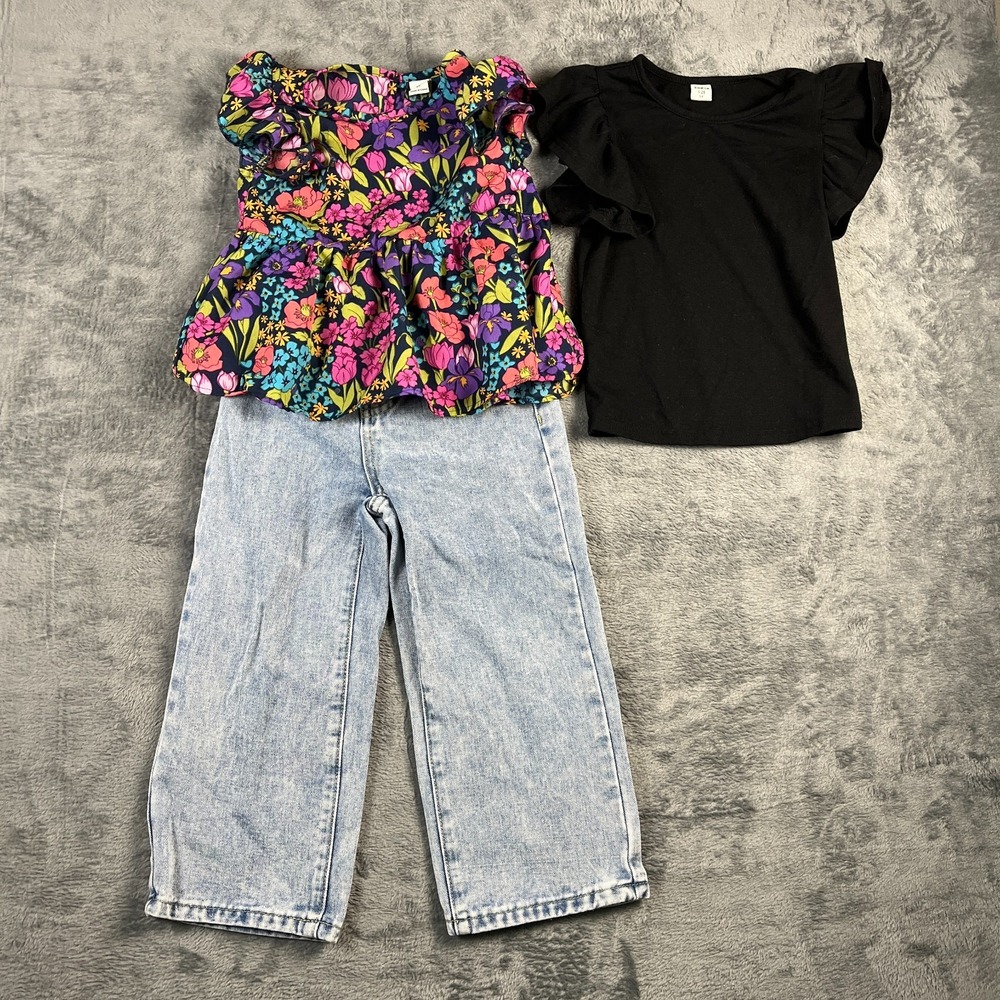 Shein Blouse Set Girls 5Y Multi Floral Butterfly Sleeve Straight Jeans Lot Of 3